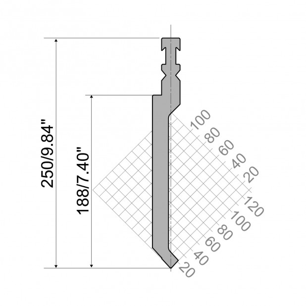 Poinçon R3 RFA type avec hauteur utile=1400mm, α=85°, Rayon=1mm, Matériau=42cr, Charge maximale=1400kN/m.