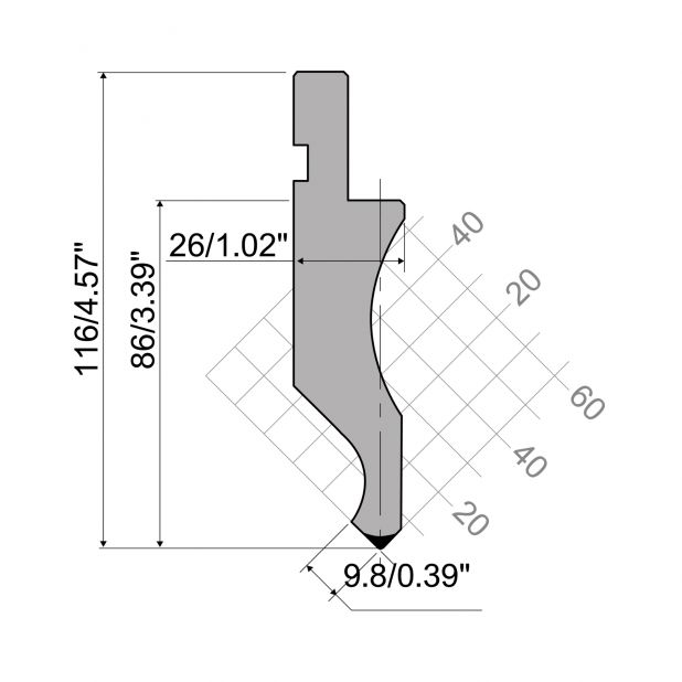 Poinçon R1 série CLASSIC avec hauteur utile=86mm, α=90°, rayon=0,8 mm, matériau=C45, charge max=500kN/m.