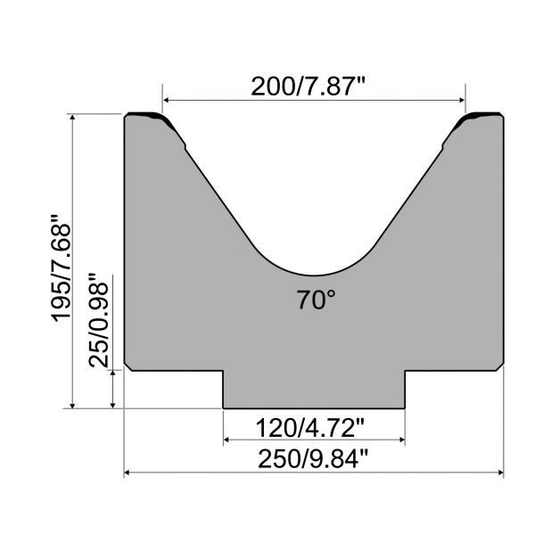 Matrice 1-V R1 type Européen avec hauteur=195mm, α=70°, Rayon=15mm, Matériau=42Cr, Charge maximale=1800kN/