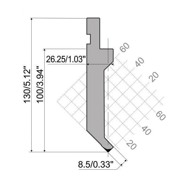 Poinçon R1 type Européen avec hauteur utile=100mm, α=88°, Rayon=0,25mm, Matériau=C45, Charge maximale=400