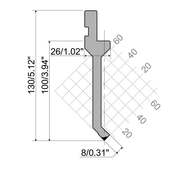 Poinçon R1 série CLASSIC avec hauteur utile=100mm, α=90°, rayon=0,6 mm, matériau=42Cr, charge max=350kN/m