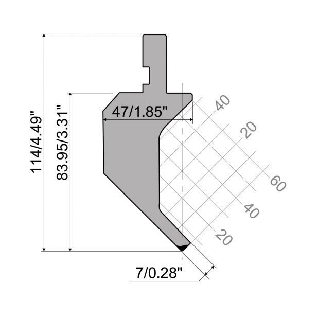 Poinçon R1 série CLASSIC avec hauteur utile=83,95mm, α=90°, rayon=0,6mm, matériau=42Cr, charge max=200kN/