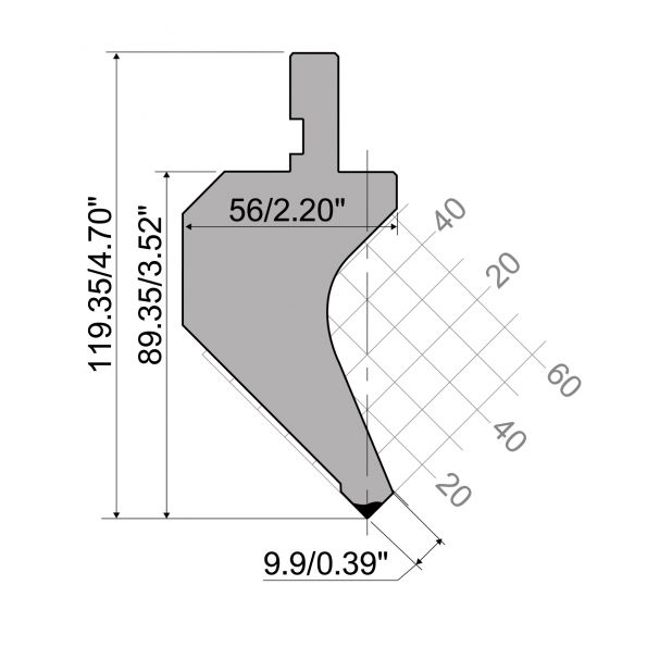 Poinçon R1 série CLASSIC avec hauteur utile=89,6mm, α=90°, rayon=0,25 mm, matériau=C45, charge max=600kN/