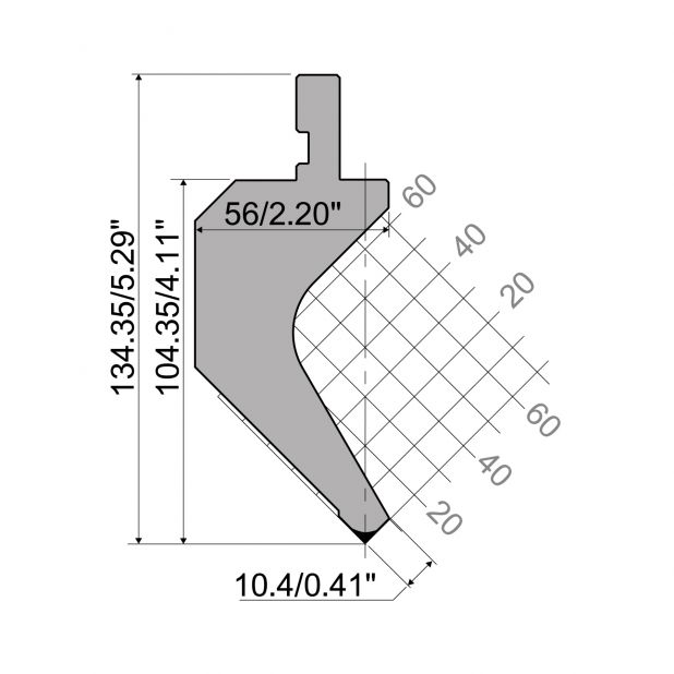 Poinçon R1 série CLASSIC avec hauteur utile=104,35mm, α=90°, rayon=0,8 mm, matériau=C45, charge max=500kN