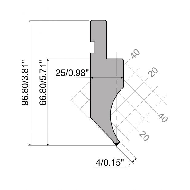Poinçon R1 série CLASSIC avec hauteur utile=66,8mm, α=90°, rayon=0,25 mm, matériau=42Cr, charge max=350kN