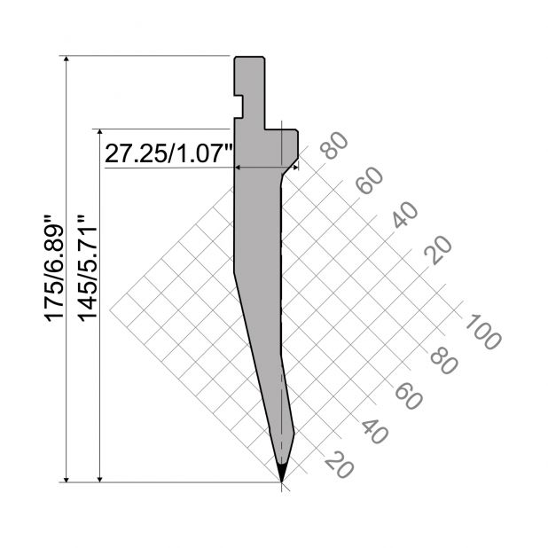 Poinçon R1 série TOP avec hauteur utile=145mm, α=26°, Rayon=0,8mm, Matériau=42Cr, Charge maximale=950kN/m