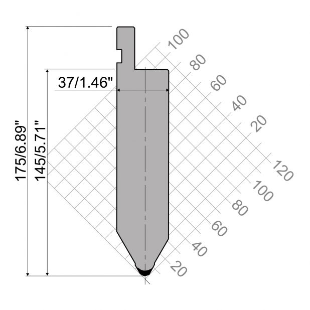 Poinçon R1 série TOP avec hauteur utile=145mm, α=60°, Rayon=5mm, Matériau=42Cr, Charge maximale=1600kN/m.