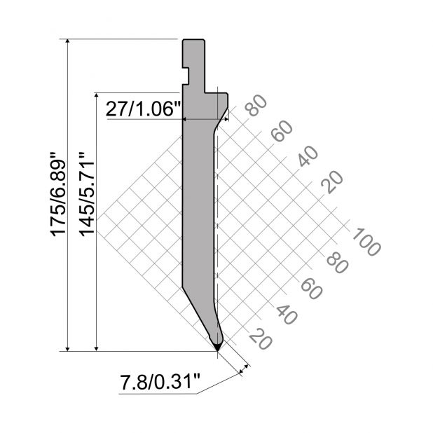 Poinçon R1 série TOP avec hauteur utile=143,8mm, α=60°, rayon=2 mm, matériau=42Cr, charge max=800 kN/m.