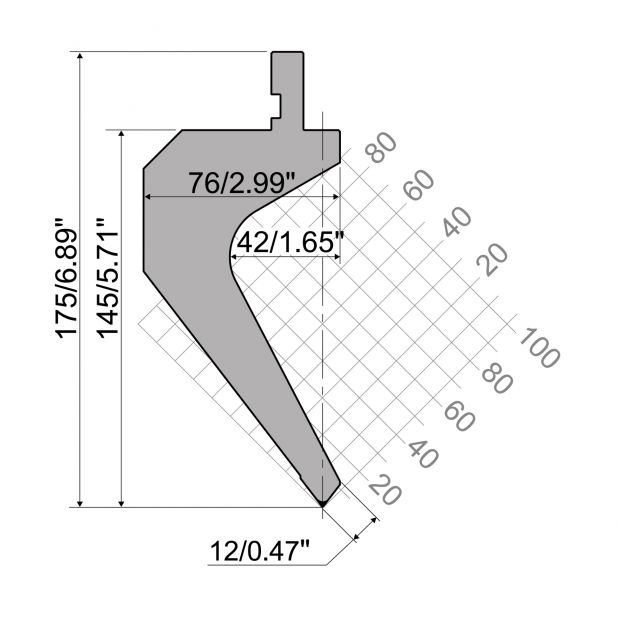 Poinçon R1 série TOP avec hauteur utile=144,2mm, α=75°, rayon=2mm, matériau=42Cr, charge max=750 kN/m.