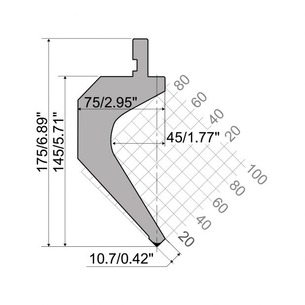 Poinçon R1 série TOP avec hauteur de travail=145 mm, α=85°, rayon=0,8 mm, matériau=42Cr, cahrge max=900 k