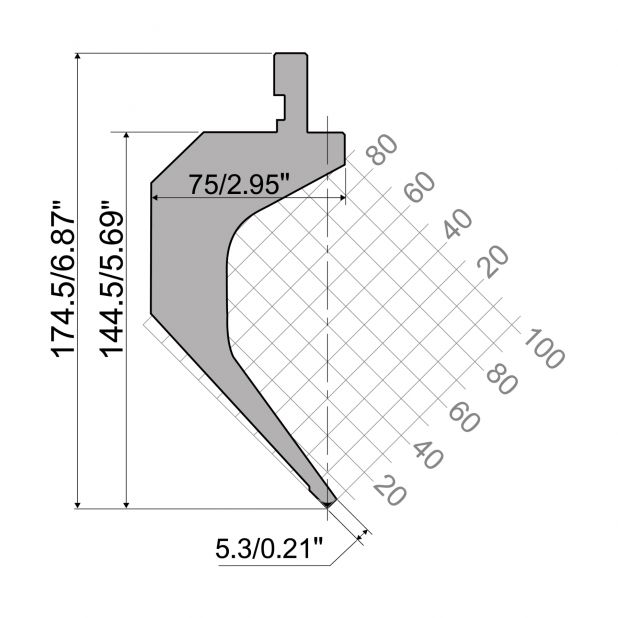 Poinçon R1 série TOP avec hauteur utile=144,5 mm, α=85°, rayon=0.8 mm, matériau=42Cr, charge max=200 kN/m