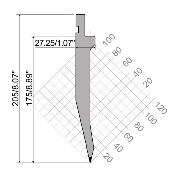 Poinçon R1 série TOP avec hauteur utile=175mm, α=26°, Rayon=0,8mm, Matériau=42Cr, Charge max=950kN/m.