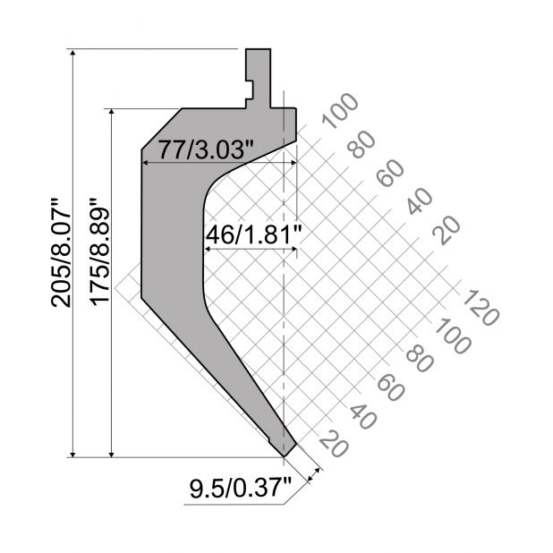 Poinçon R1 série TOP avec hauteur utile=175 mm, α=85°, rayon=0,8 mm, matériau=42Cr, charge max=700kN/m