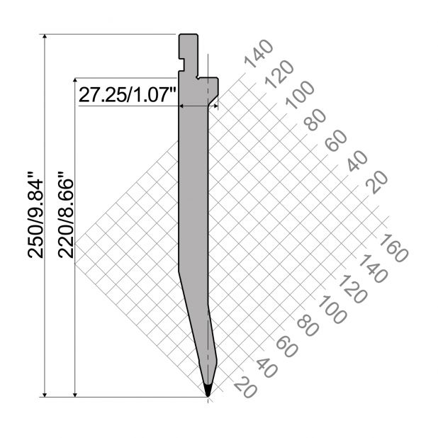Poinçon R1 série TOP avec hauteur utile=220mm, α=26°, Rayon=1mm, Matériau=42Cr, Charge maximale=1000kN/m.