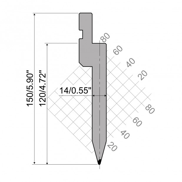 Poinçon R1 Série TOP avec hauteur de travail=120 mm, α=30°, rayon=1,2mm, matériau=C45, capacité maximale